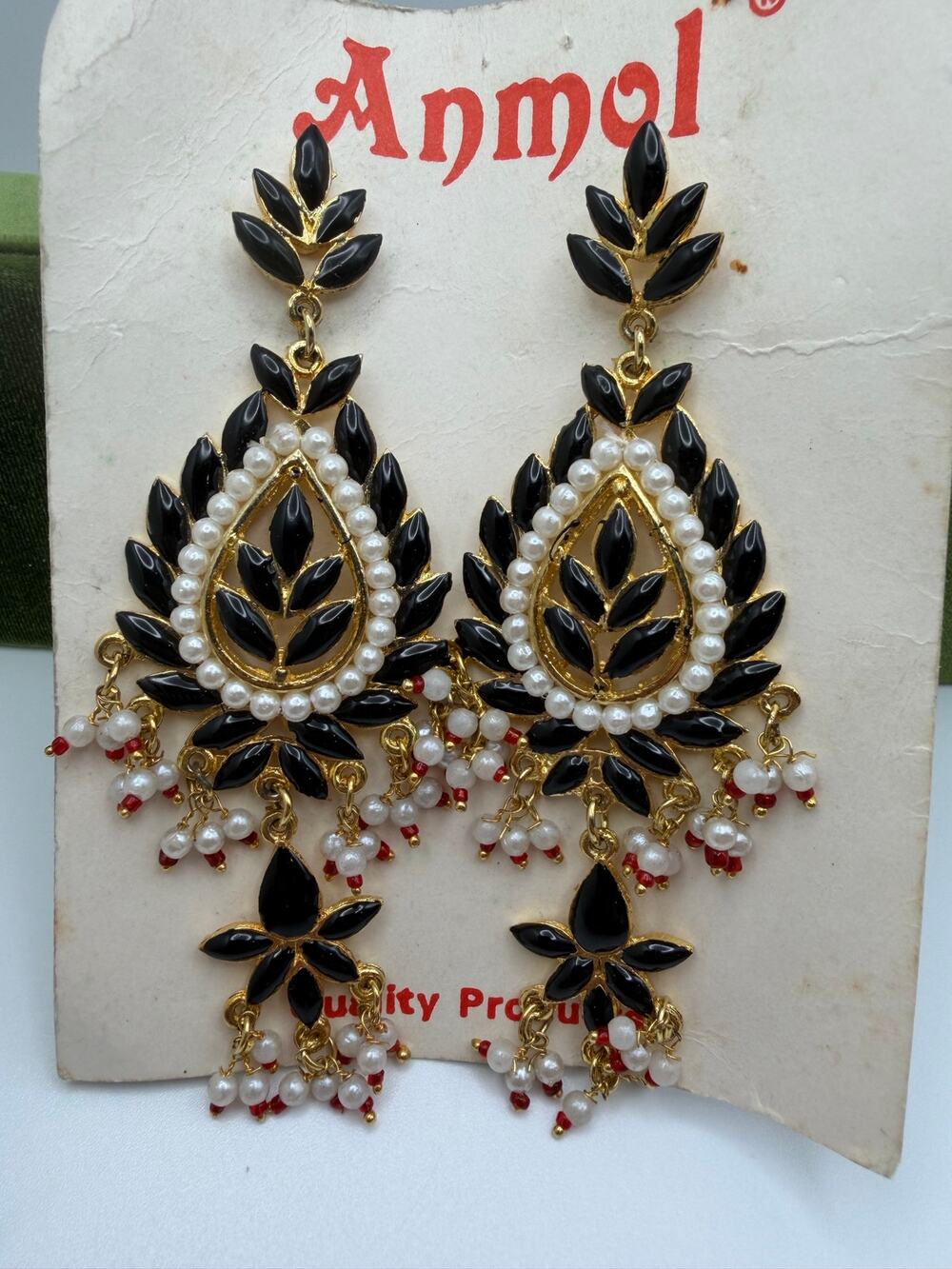 Anmol gold-plated black meenakari and kundan drop earrings